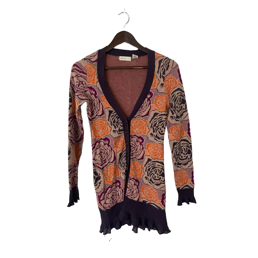 Sleeping on Snow Anthropologie Purple‎ Orange Floral Sweater Cardigan XS Angora